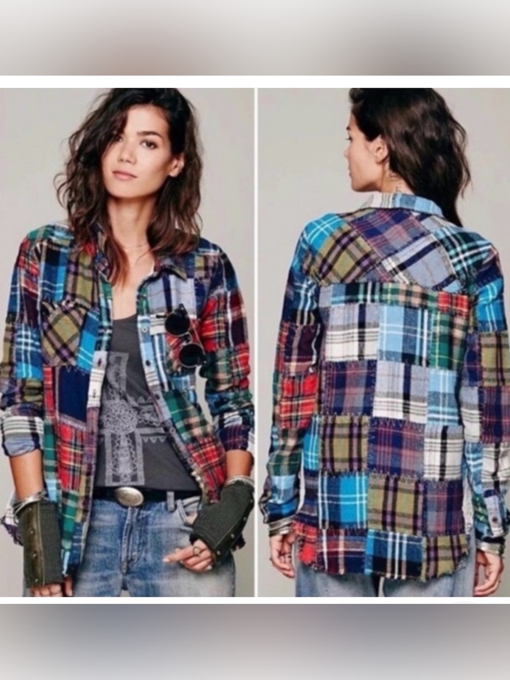 Free People - we the free - Patchwork Plaid Button-Up flannel Shirt Jacket - M